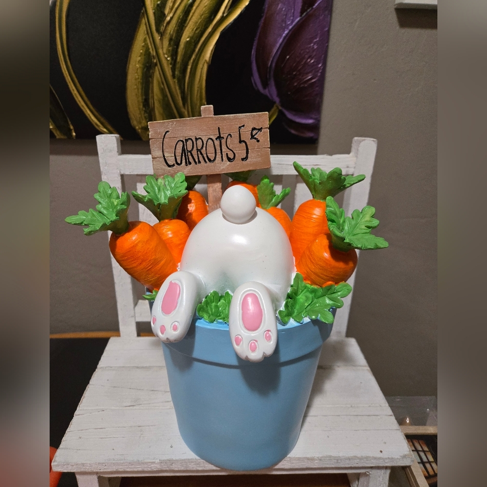 Bunny Bottom In A Blue Flower Pot Of Carrots Easter Decor